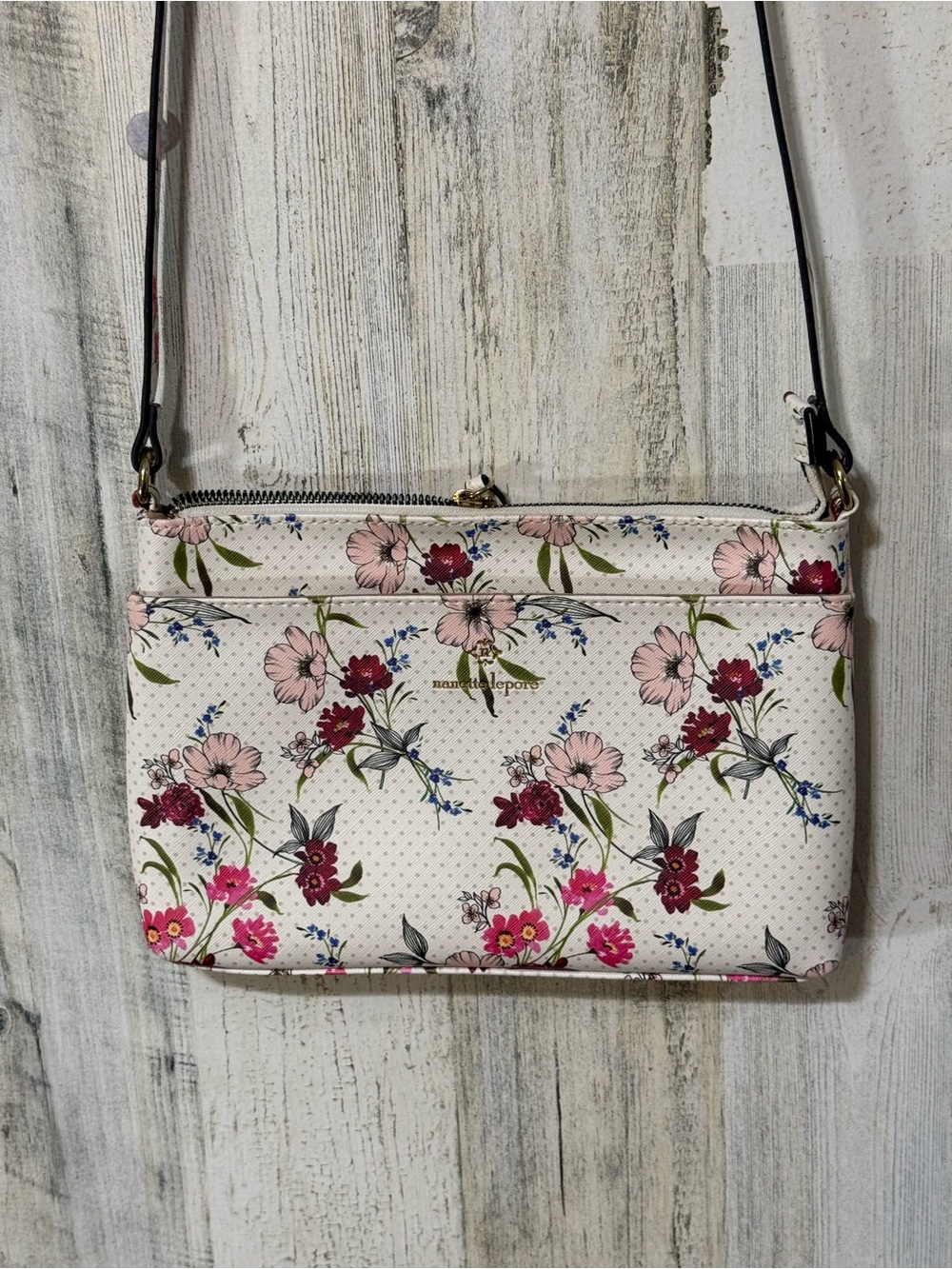 Nanette Lepore Cream Floral Crossbody with Pink and Burgundy Blooms